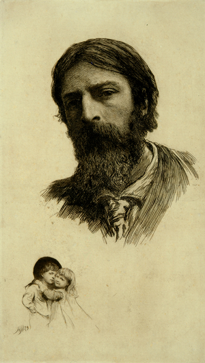 Self-Portrait with his Two Children, Elsa and Siegfried, 1879 (etching)