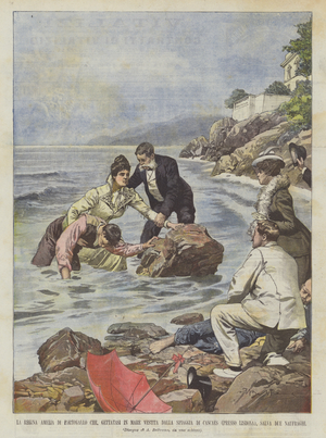 Queen Amelia Of Portugal Who, Jumping Into The Sea Dressed By The Beach Of Cascaes  (colour litho)