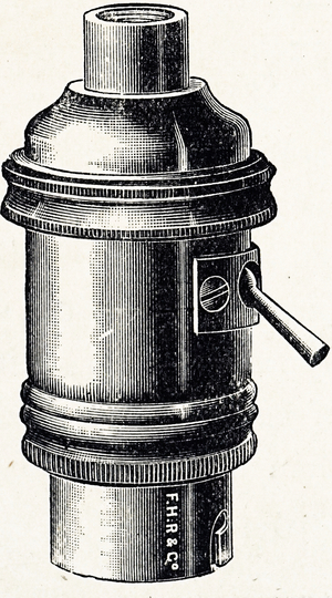 Engraving depicting an electrical lamp holder with an integral switch, 19th century