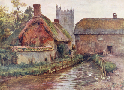 Wessex: The mill and church at Affpuddle, near Dorchester (colour litho)
