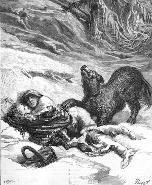 Saint Bernard Rescue Dog Rescues Children Lost in Snow, 1878 (engraving)