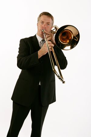 Bass Trombone player in playing position