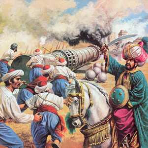 Sultan Mehmed besieging Constantinople, 1453 (colour litho)