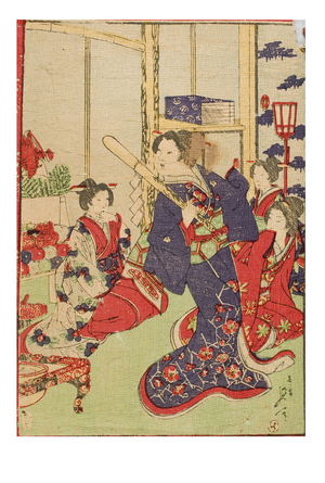 A woman dressed in a purple kimono holds a wooden baton with Shinto paper streamers attached, c.1885-1895 (woodblock on paper)