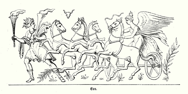 Eos, Titaness and goddess of the dawn in Greek Mythology (engraving)