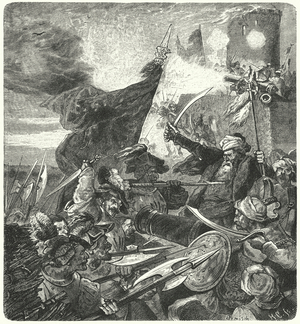 Hungarians fighting the Turks at Szekesfehervar, 1593 (engraving)