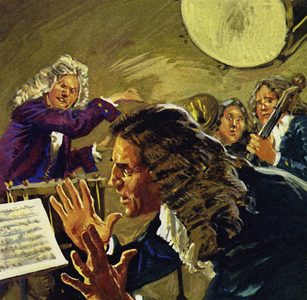 Handel once threw a kettle drum at an orchestra leader (colour litho)