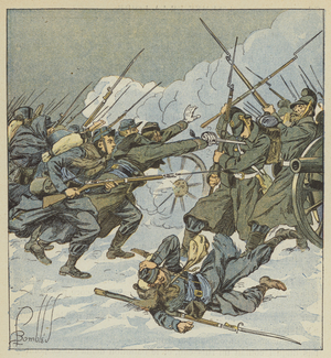 La compagnie Boudot, du 11e chasseurs, court sur une batterie allemande (colour litho)