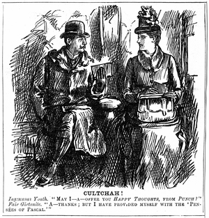 Benefits of university education for women. George du Maurier cartoon from Punch London 8 December 1887. Young man in railway carriage offers graduate of Girton, Cambridge, some light reading for the journey. She gracefully declines as she has equipped herself with Pascal's Pensees. Engraving