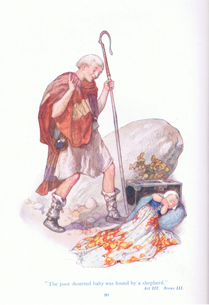 The poor deserted baby was found by a shepherd (The Winter's Tale), from Tales from Shakespeare pub. by Ward Lock & Co Ltd, 1930-40's (colour litho)