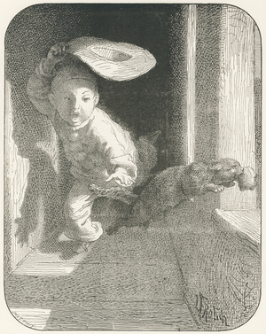 The cat steals Pierrot's roasted partridge (verse 9), 1880 (engraving)