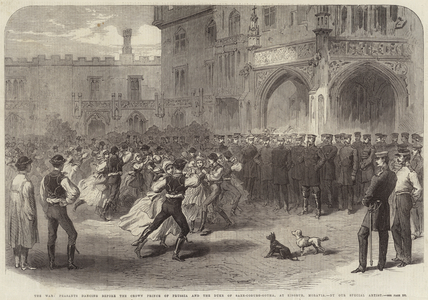 The War, Peasants dancing before the Crown Prince of Prussia and the Duke of Saxe-Coburg-Gotha, at Eisgrub, Moravia (engraving)