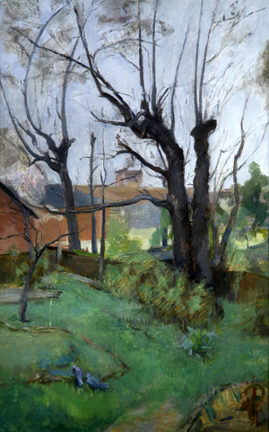 Garden Scene with Two Doves (oil on board)