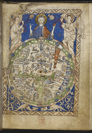 Add MS 28681 f.9 Psalter, with additional hymns and prayers and a medieval world map ('The Map Psalter') 1262-70 (ink, colour & gold on vellum)