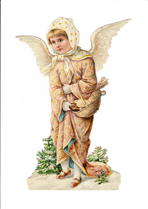 A Victorian Paper Scrap Relief of an angel with a basket on her arm, c.1880 (colour litho)