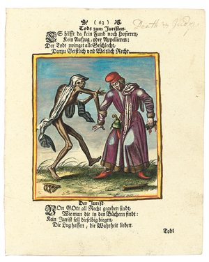 Death and the Lawyer, c.1700-1725 (hand-coloured engraving)