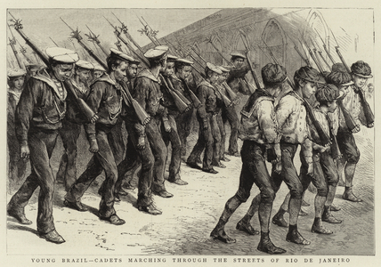 Young Brazil, Cadets marching through the Streets of Rio de Janeiro (engraving)