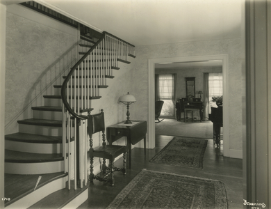Interior foyer of a home, showing lving room and stairs, Pelham Manor, N.Y. Guy C. Mariner, architect, New York, USA, c.1920-38 (gelatin silver photo)