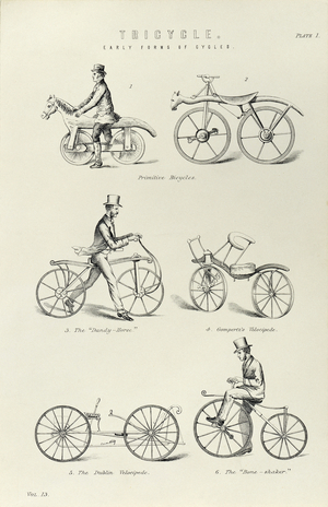 Various forms of early bicycle, 1880 (engraving)