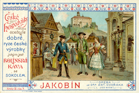 Scene from Antonin Dvorak's opera 'Jakobin' on card for Ceske Hospodynky