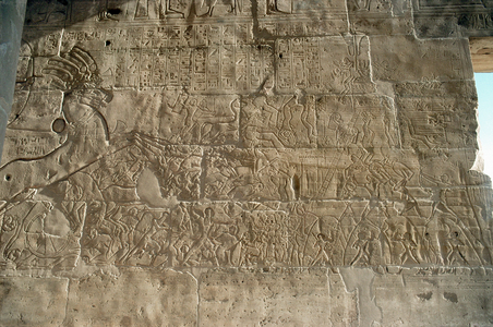 Reliefs on the inner wall of the collapsed second pylonof the Ramesseum,Luxor-Thebes, Egypt (photo)