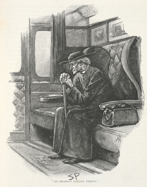 "My decerit Italian friend'. Sherlock Holmes in disguise as a priest. Illustration for the story 'the adventure of the final problem."