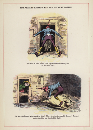 The Puzzled Peasant and the Runaway Porker (colour litho)