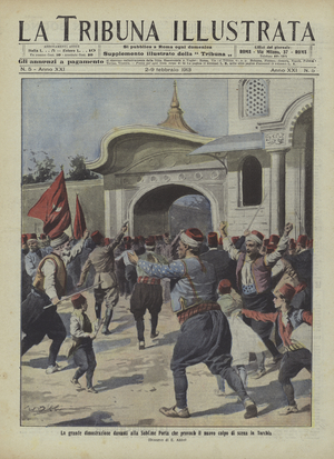 Demonstration in front of the Sublime Porte in Constantinople that provoked the 1913 Ottoman coup d'etat (colour litho)