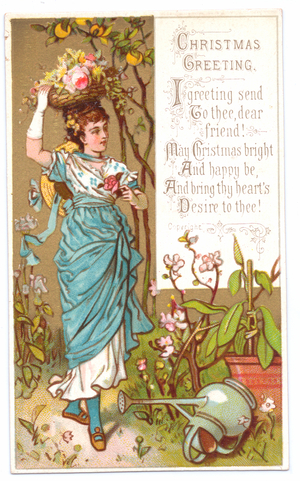 A Victorian Christmas card of a woman holding a basket of flowers on her head, c.1880 (colour litho)