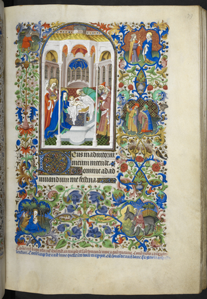 Add Ms 18850 f.79r, Hours to the Virgin. Presentation in the Temple, with additional scenes in the border, from Book of Hours (The Bedford Hours) c.1410-30 (ink, colour & gold on vellum)