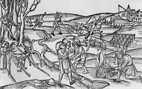 Rural life, 1502 engraving by Guminger illustrating "Opera" by Virgil