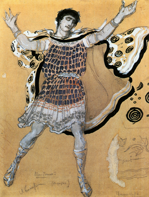 Messenger, costume sketch for Euripides' tragedy " Hippolyte " (watercolour, gouache, crayon and silver on paper)