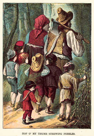 Hop O' My Thumb strewing pebbles (coloured engraving)