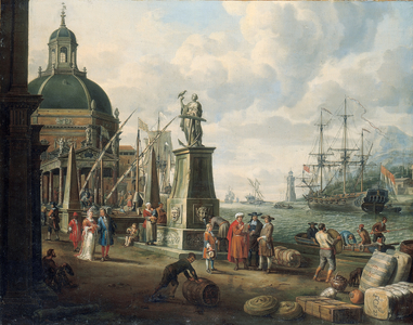 A capriccio of a Mediterranean harbour with merchants, an elegant couple on the quayside, before a statue of Hope and a baroque church, a lighthouse, a Dutch man-o-war, and other shipping beyond, 1700 (oil on canvas)