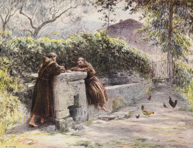The Repast of St Francis and Friar Masseo at the Fountain, St Francis Praises Poverty (colour litho)
