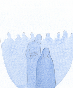 When the child Jesus was found in the Temple, He leaned forward, quietly explaining to His Holy Mother (with infinite kindness) that His work had already begun., 2001 (w/c on paper)