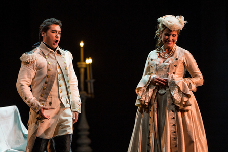Ainoha Arteta as Adriana and Teodor Ilincai as Maurizio in the opera 'Adriana Lecouvreur', at the Teatro de la Maestranza, Seville, May 2018 (photo)