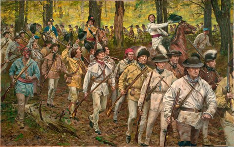 "Morgan's Rifles" Daniel Morgan's Rifle Corps at the Battle of Freeman's Farm, 2015 (oil on canvas)