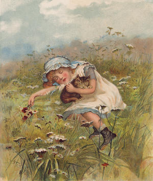 Girl and a cat asleep in a field (chromolitho)