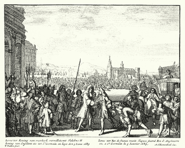 Louis XIV of France welcoming James II of England into exile, 1689 (engraving)