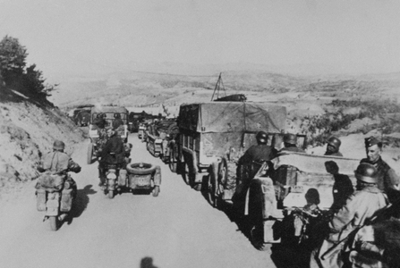 The German army entering Yugoslavia 1941 (b/w photo)