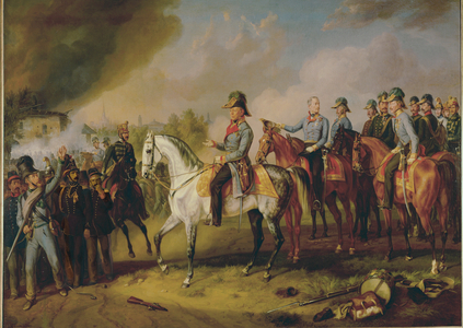 Fieldmarshal Johann Joseph Wenzel Radetzky and his general staff before Milan … (painting on canvas)