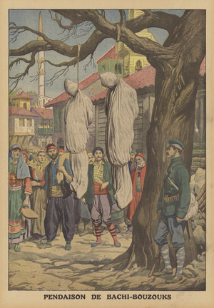 Bashi-bazouks, Ottoman irregular soldiers, hanged during the First Balkan War (colour litho)
