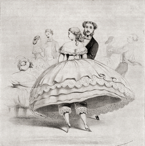 19th century lady arriving at a ball wearing a crinoline.
