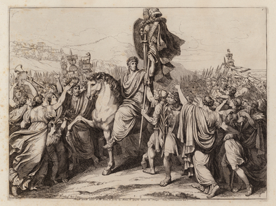 Romulus carrying the armour of King Acron to Rome in triumph (etching)