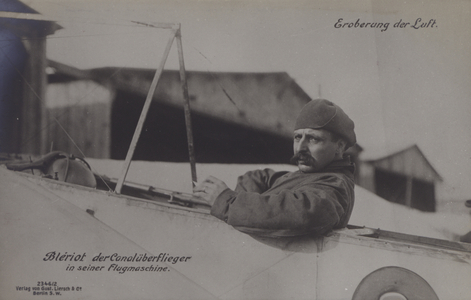 French aviator Louis Bleriot, the first to fly across the English Channel, in his monoplane (b/w photo)
