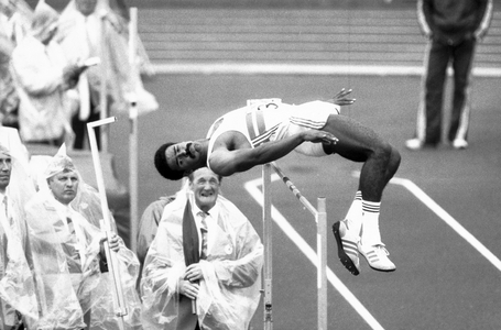 Daley Thompson, British athlete, Helsinki, Finland, 1983 (b/w photo)