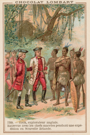 Captain James Cook meeting with Maori chiefs in New Zealand, 1769 (chromolitho)