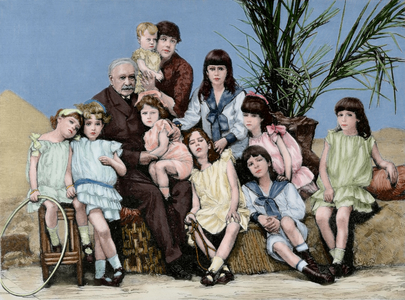 Ferdinand de Lesseps (1805-1894) with his family. Engraving, 1886. coloured.