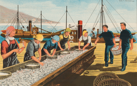 A Catch of Herring – cleaning the fish (colour litho)